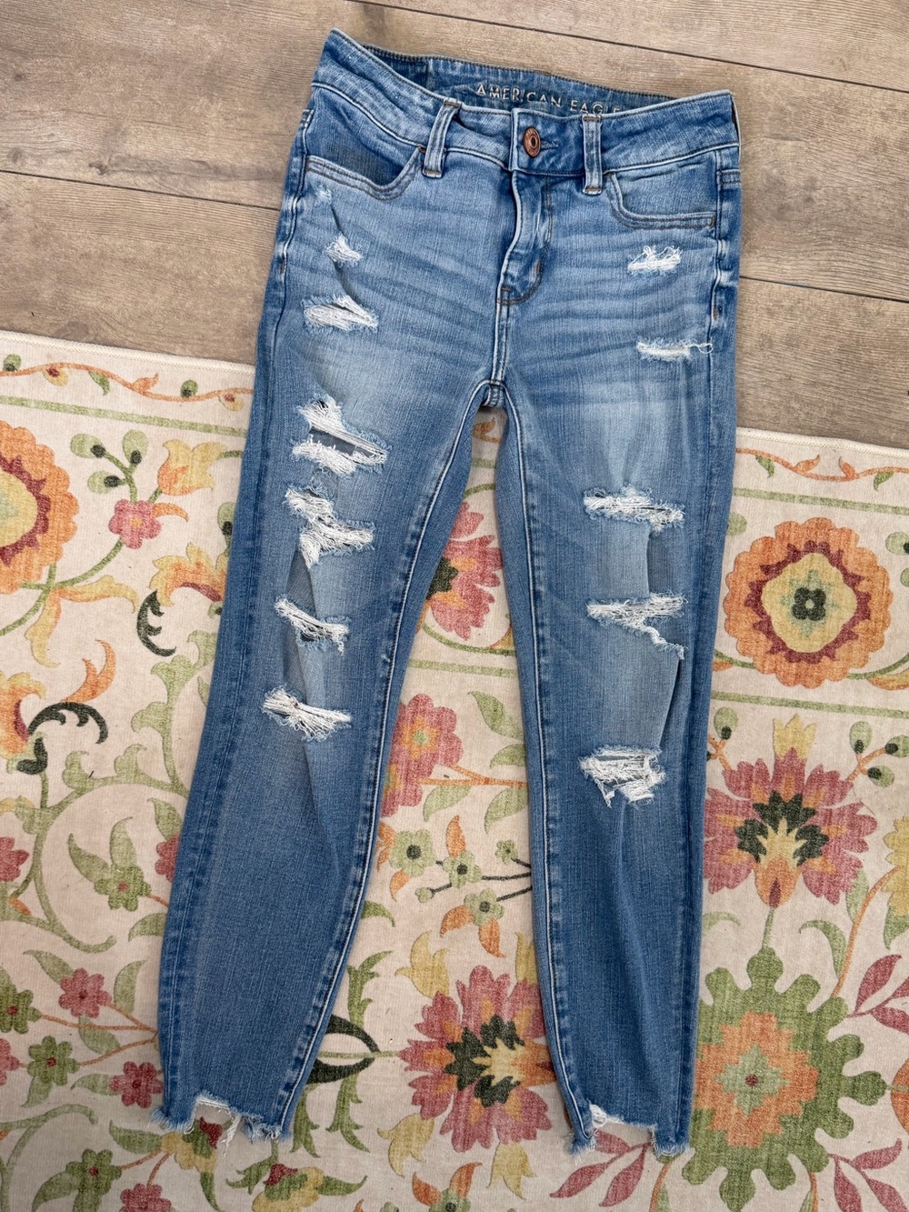 American Eagle Outfitters Light Blue Distressed Skinny Jeans 00 X-Short Hi Rise